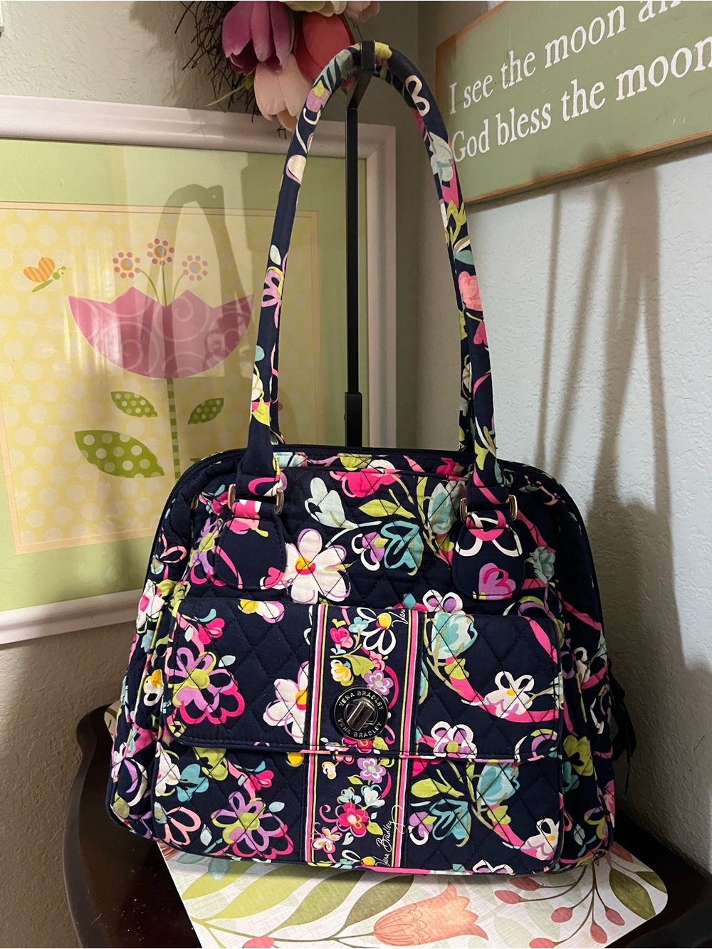 Like New Vera Bradley Navy Quilted Floral Satchel with Multicolor Blooms